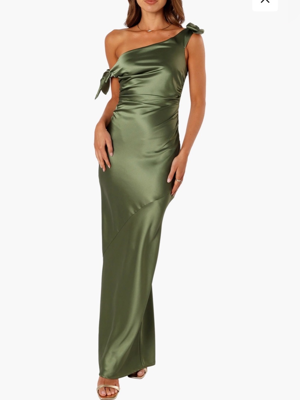 Petal & Pup Olive Green Satin One-Shoulder Dress, Small